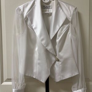 White Satin Jacket-Style
 Blouse with Sheer Sleeves, Rhinestone Closure